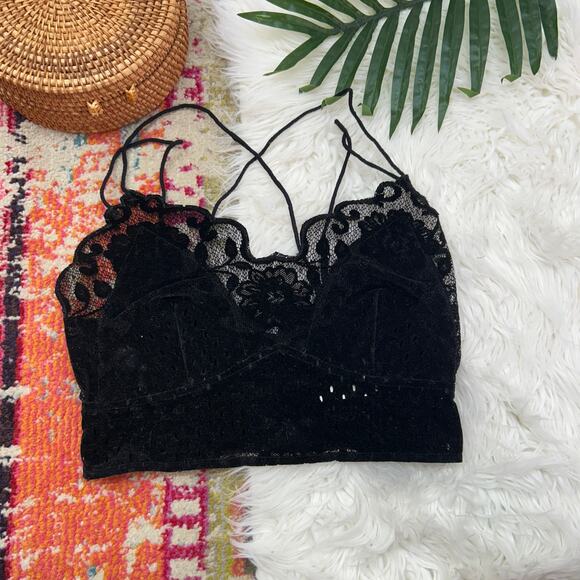 Free People One Black Velvet Lace Bralette Large Festival Strappy Cropped Crop - Picture 1 of 5